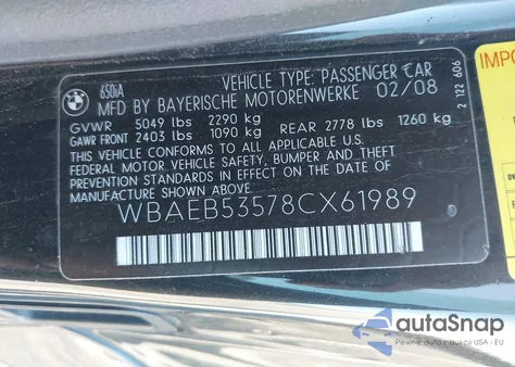 2008 BMW 650I из США, поврежденный, VIN WBAEB53578CX61989